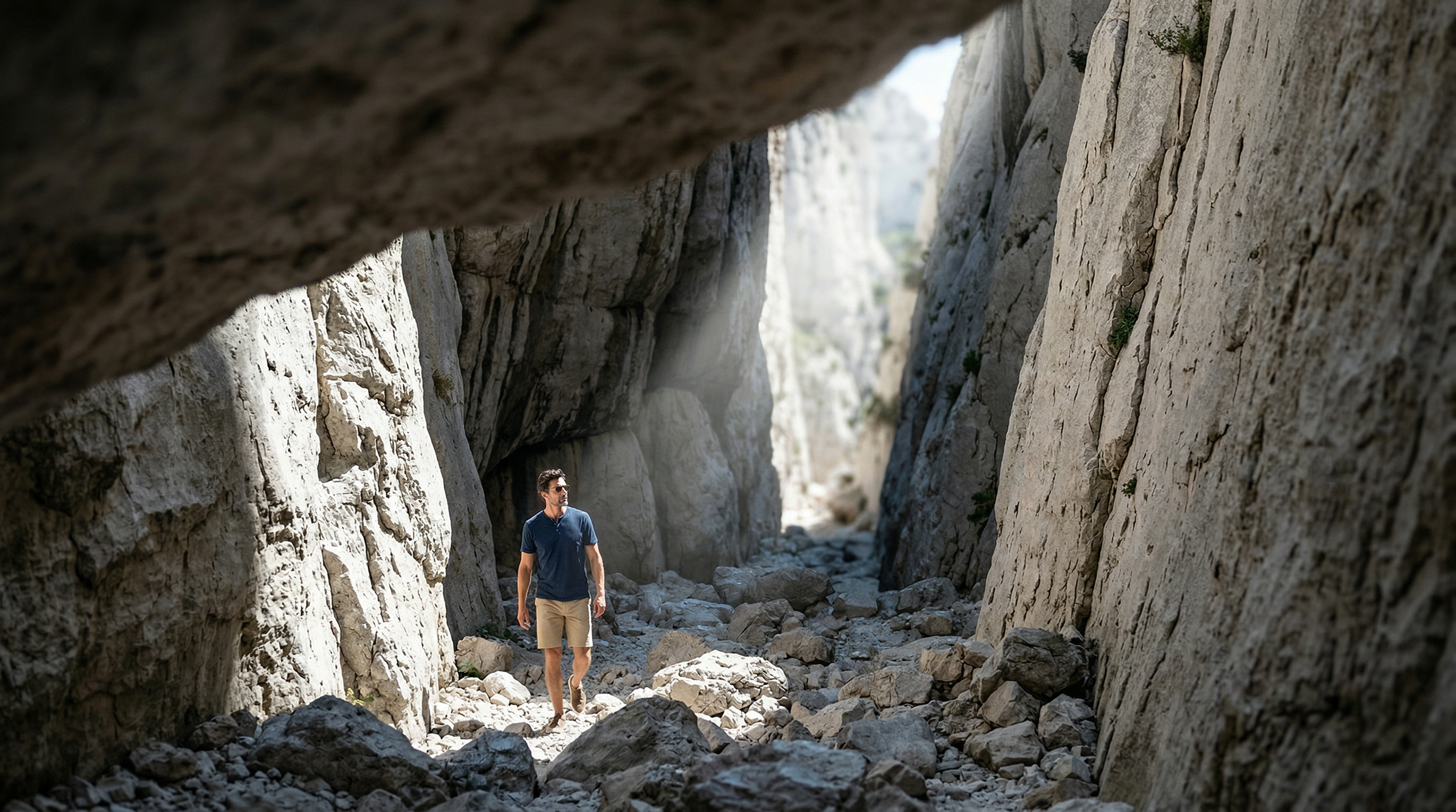 Silhouette masculine élégante en t-shirt Henley bleu traversant une gorge calcaire méditerranéenne.