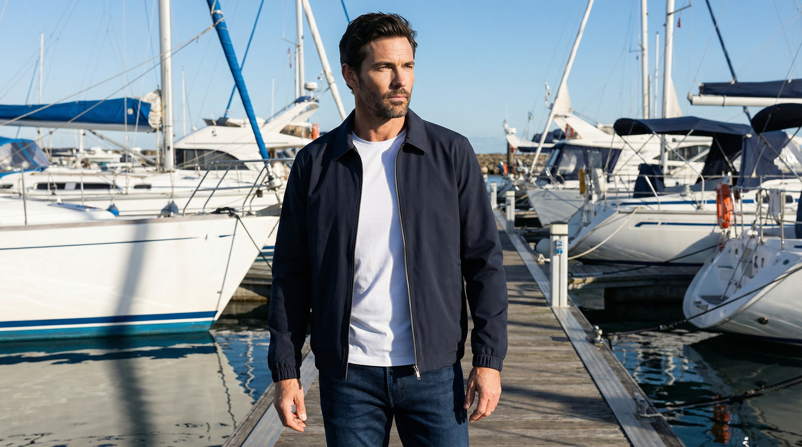 Silhouette masculine en veste bleu nuit dans un port de plaisance sous lumière claire.