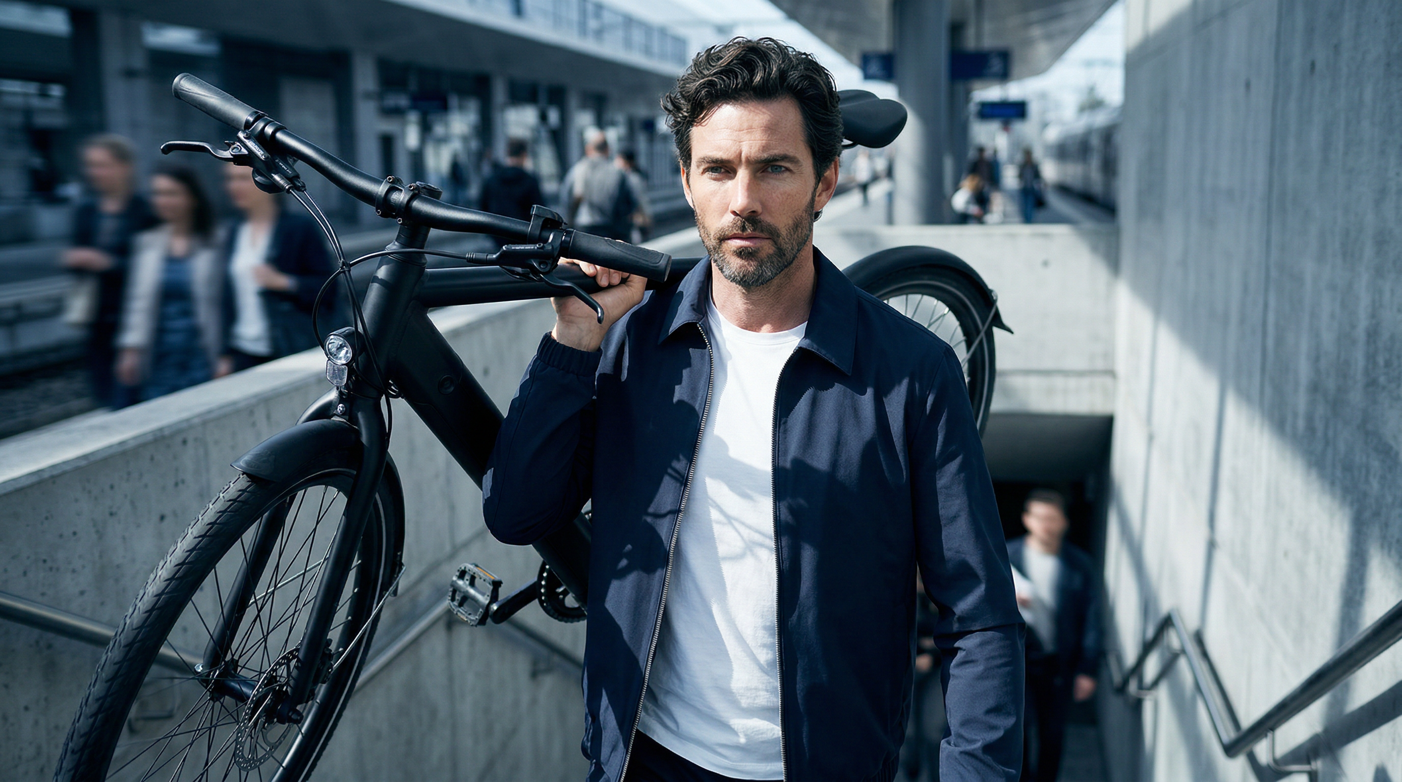Silhouette masculine élégante en veste bleu nuit descendant un escalier avec son vélo.