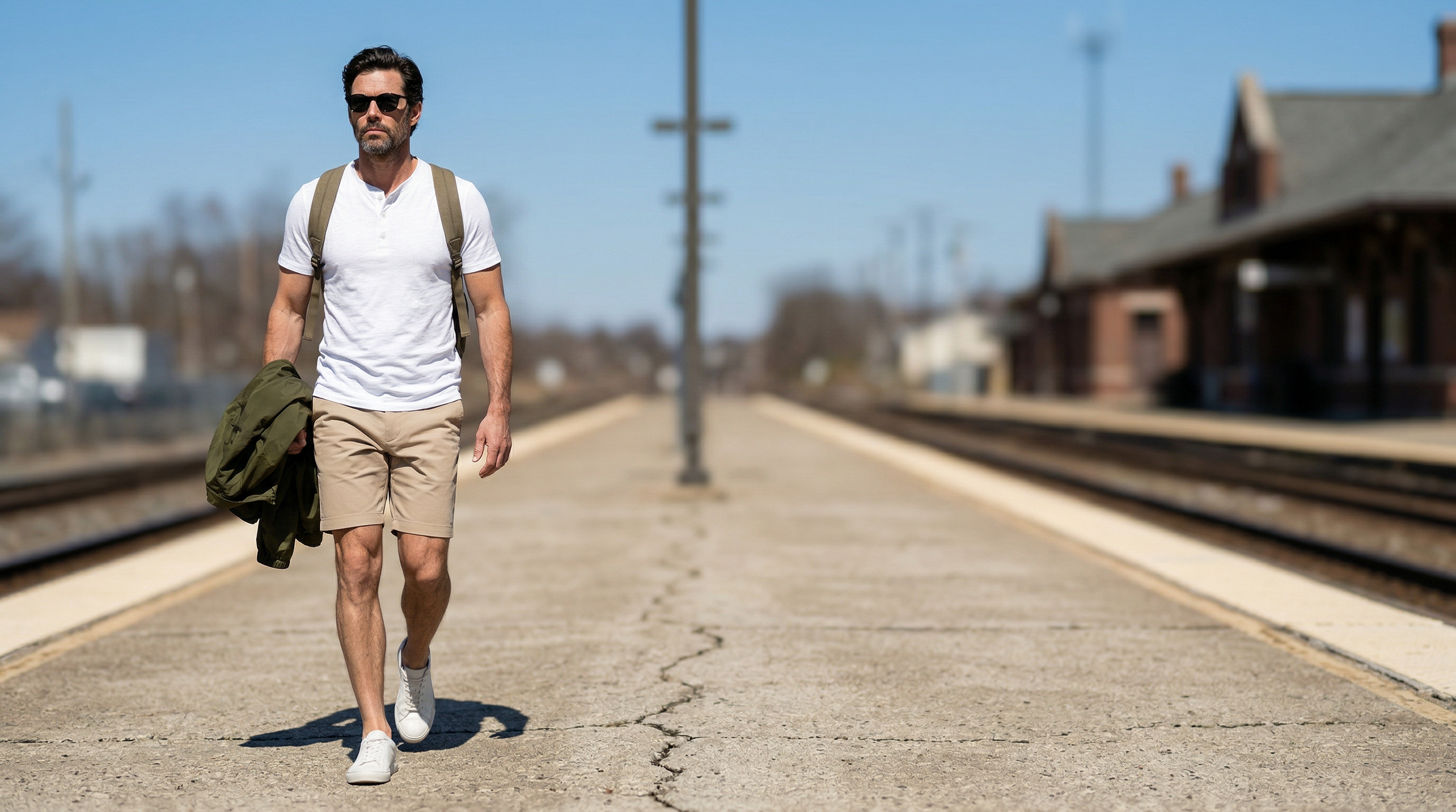 Homme en t-shirt blanc et short beige marchant sur un quai de gare sous lumière ensoleillée.