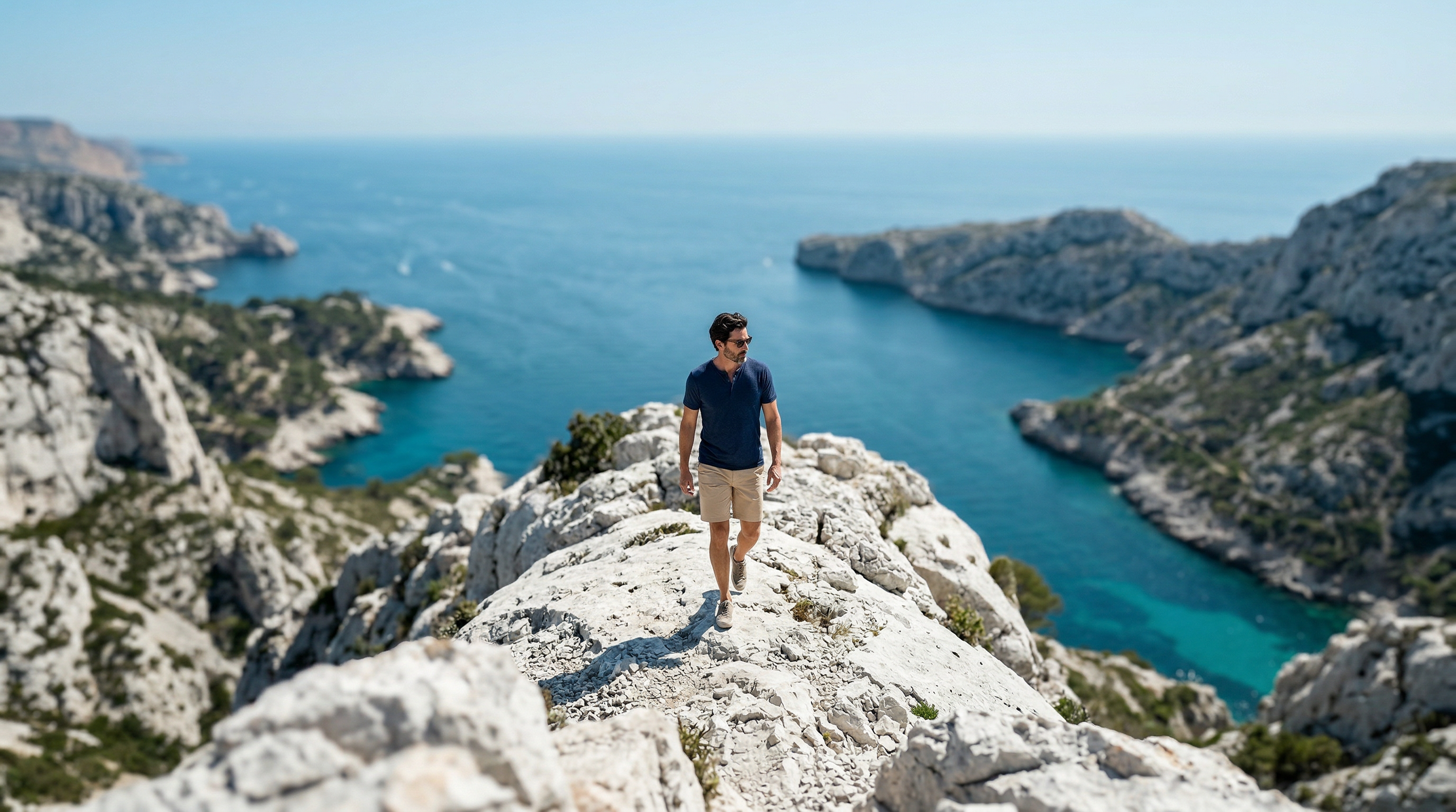 Silhouette masculine élégante explorant des falaises blanches au-dessus de la mer Méditerranée.