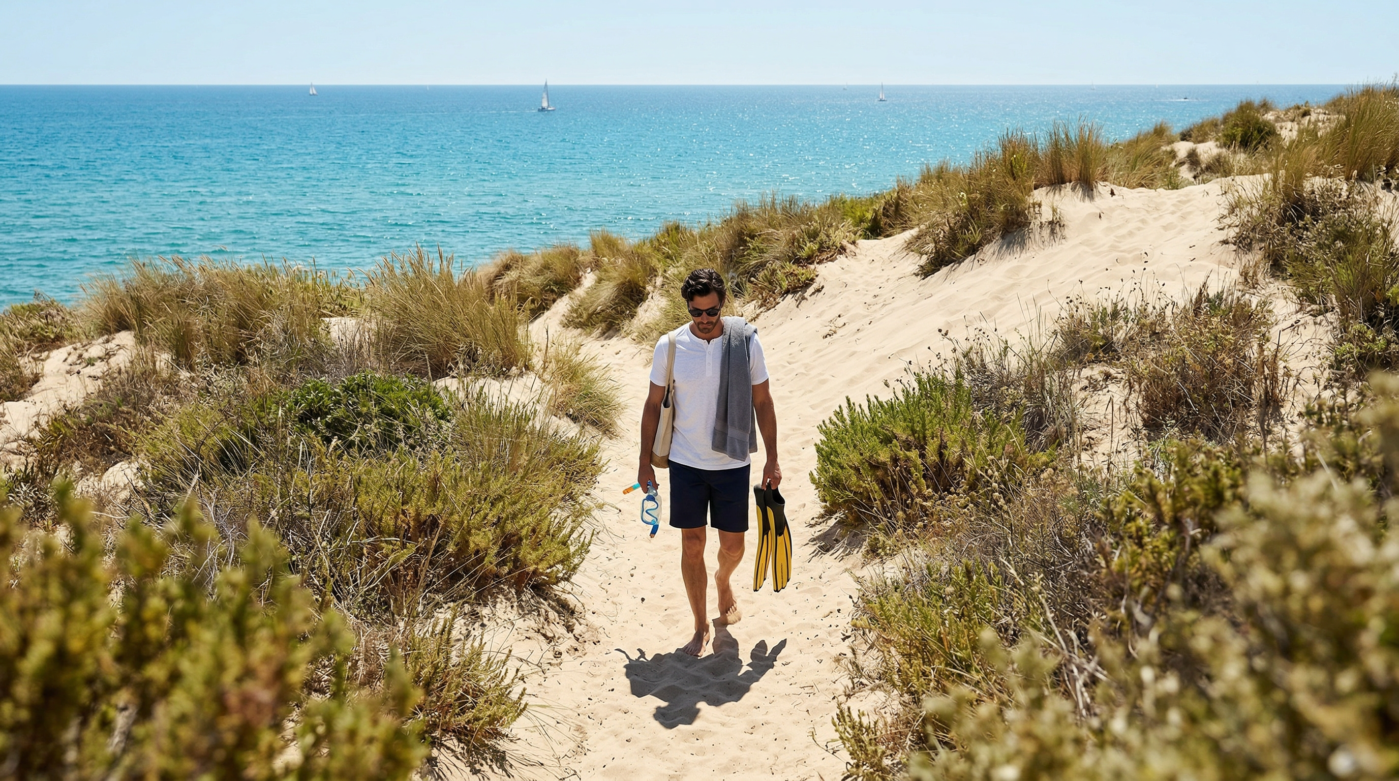Homme en t-shirt Henley blanc et short bleu marchant dans les dunes vers la mer.