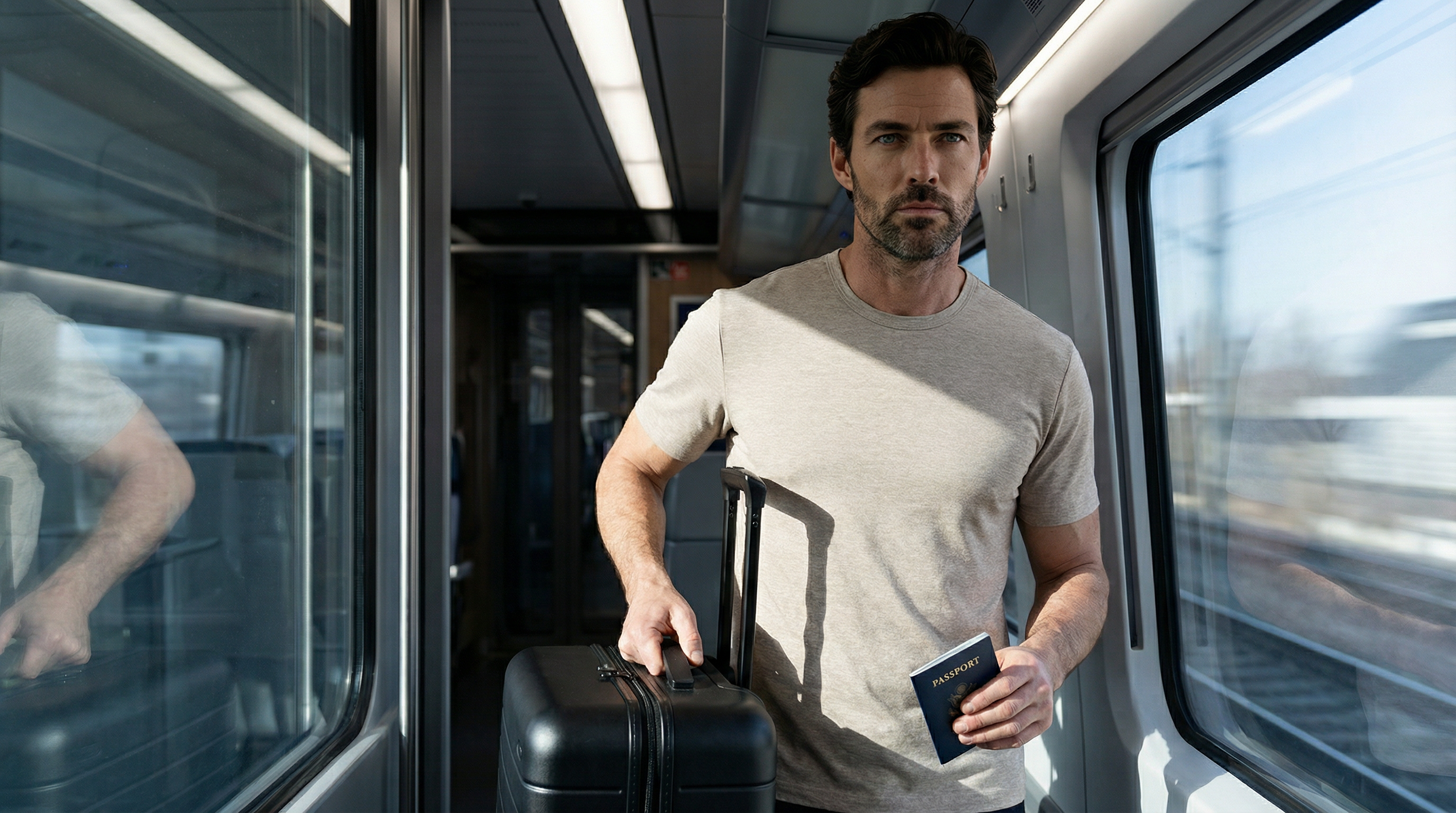 Homme en t-shirt beige col rond tenant une valise et un passeport dans un train.