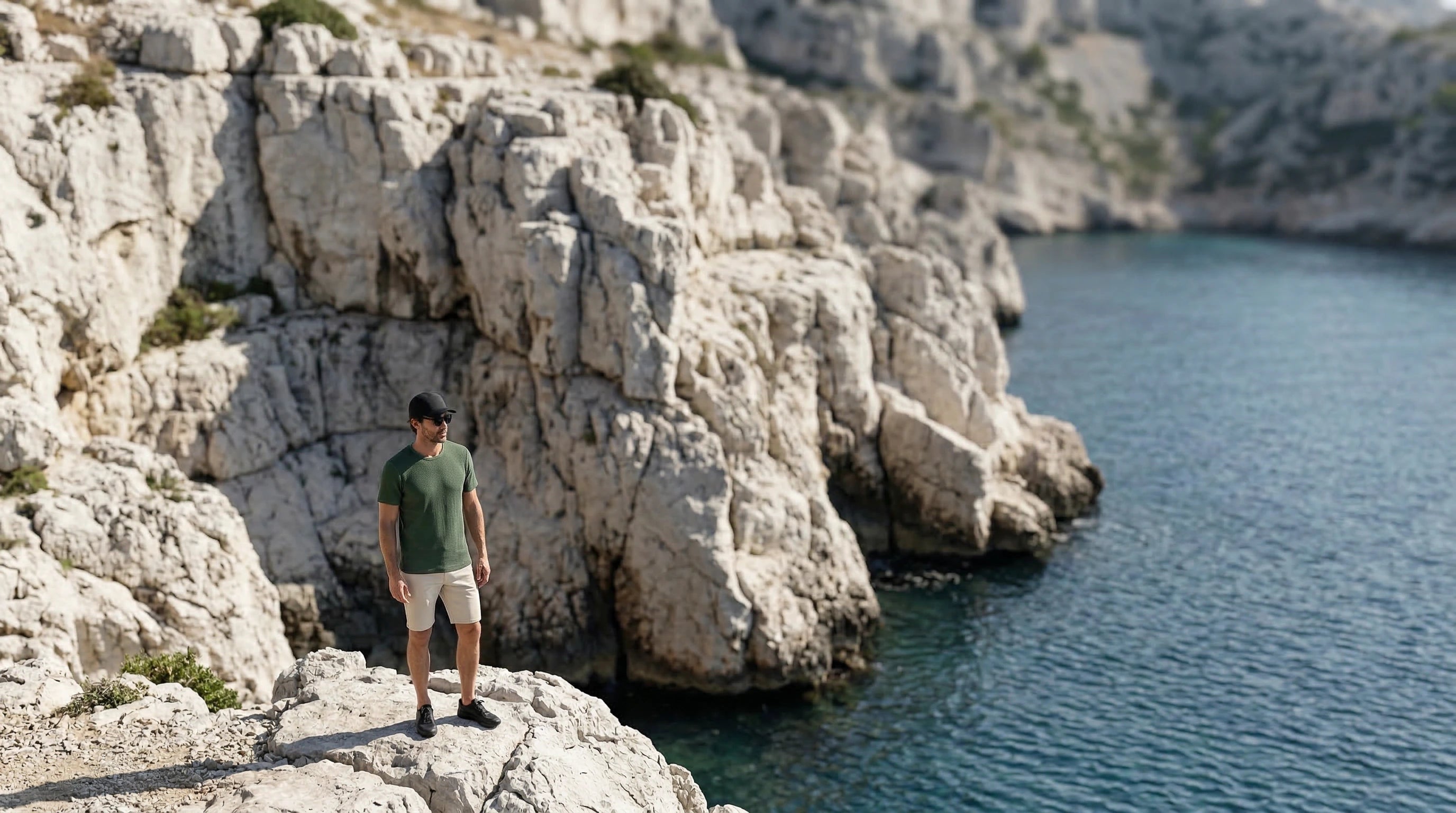 Homme portant une casquette premium sur les falaises méditerranéennes, face à une crique aux eaux cristallines.