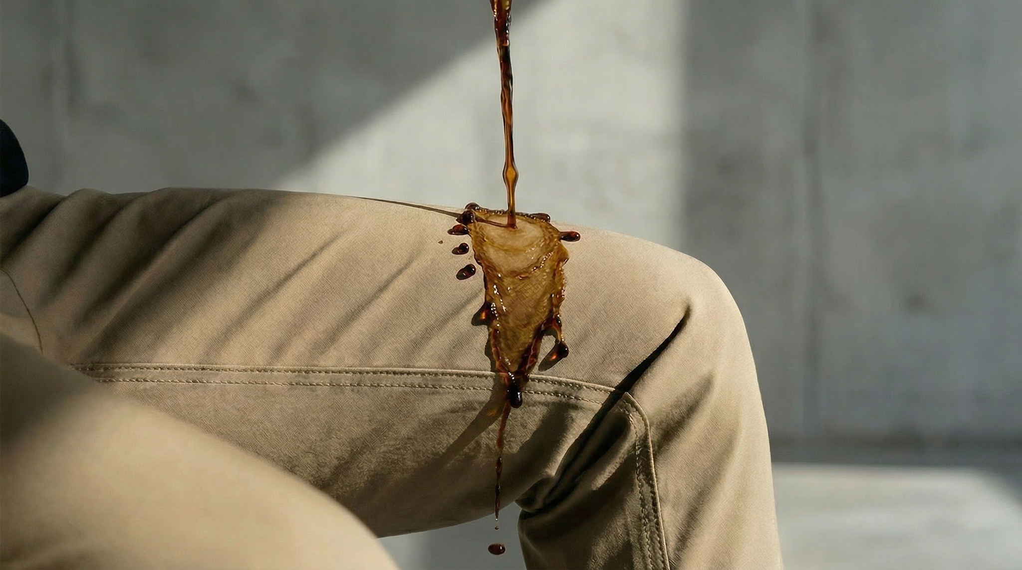 Pantalon chino technique beige résistant aux liquides et aux éclaboussures.