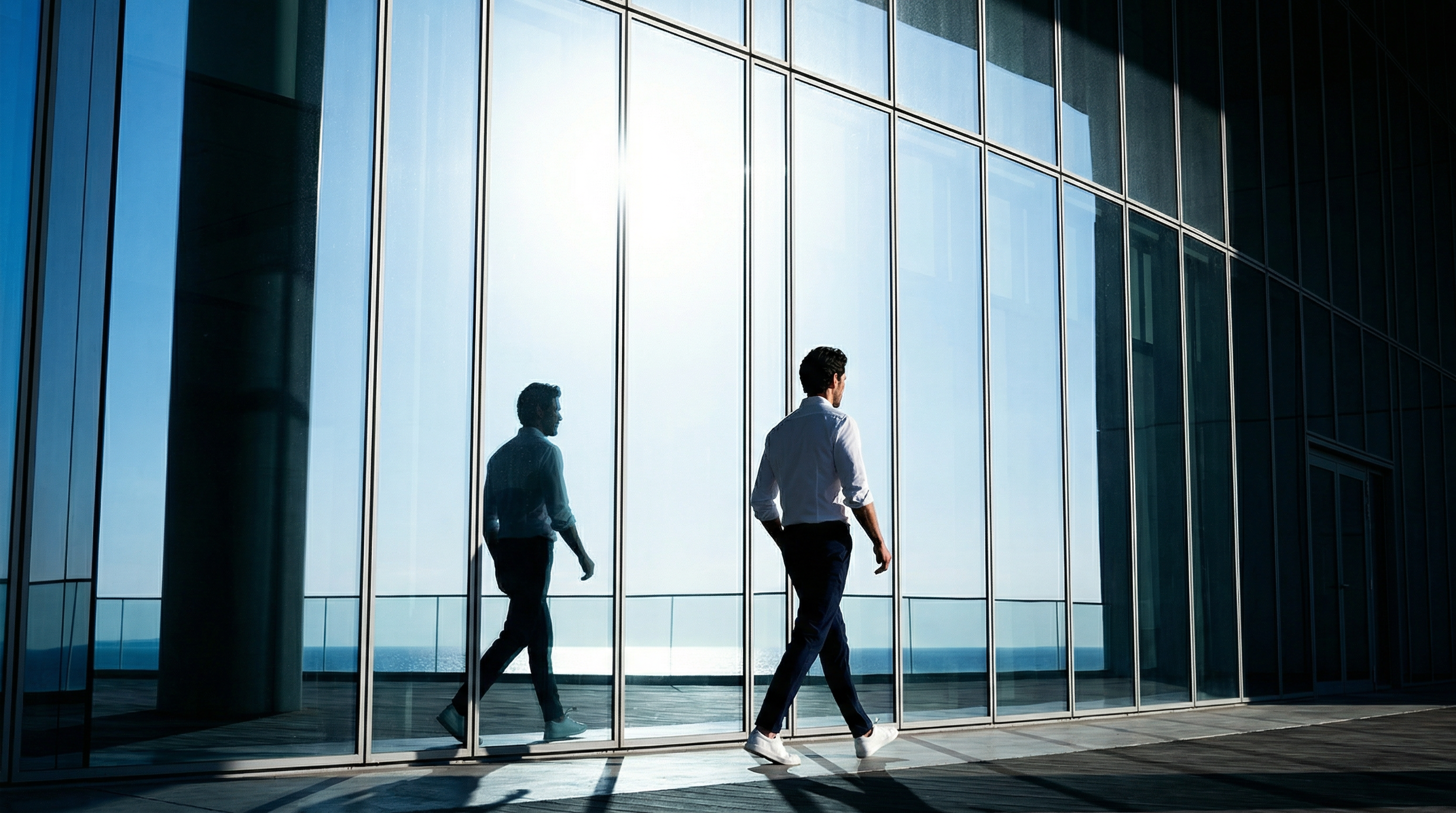 Silhouette masculine en chino bleu marine et sneakers blanches marchant le long d’un bâtiment en verre.