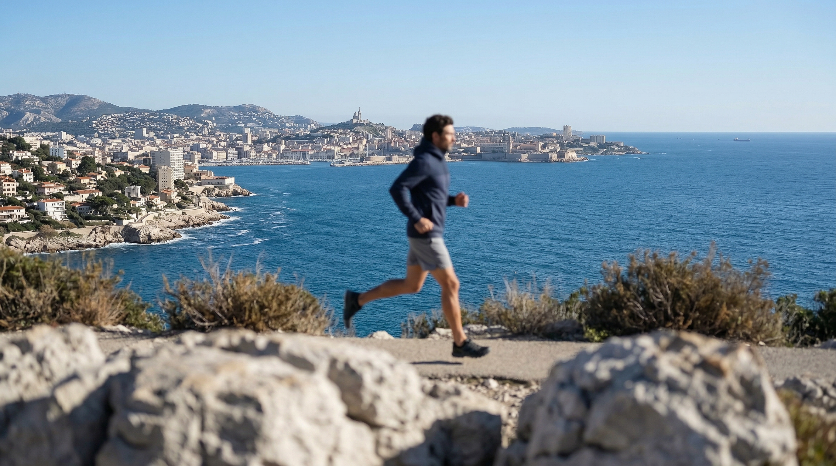 Hoodie technique porté en running en bord de mer.