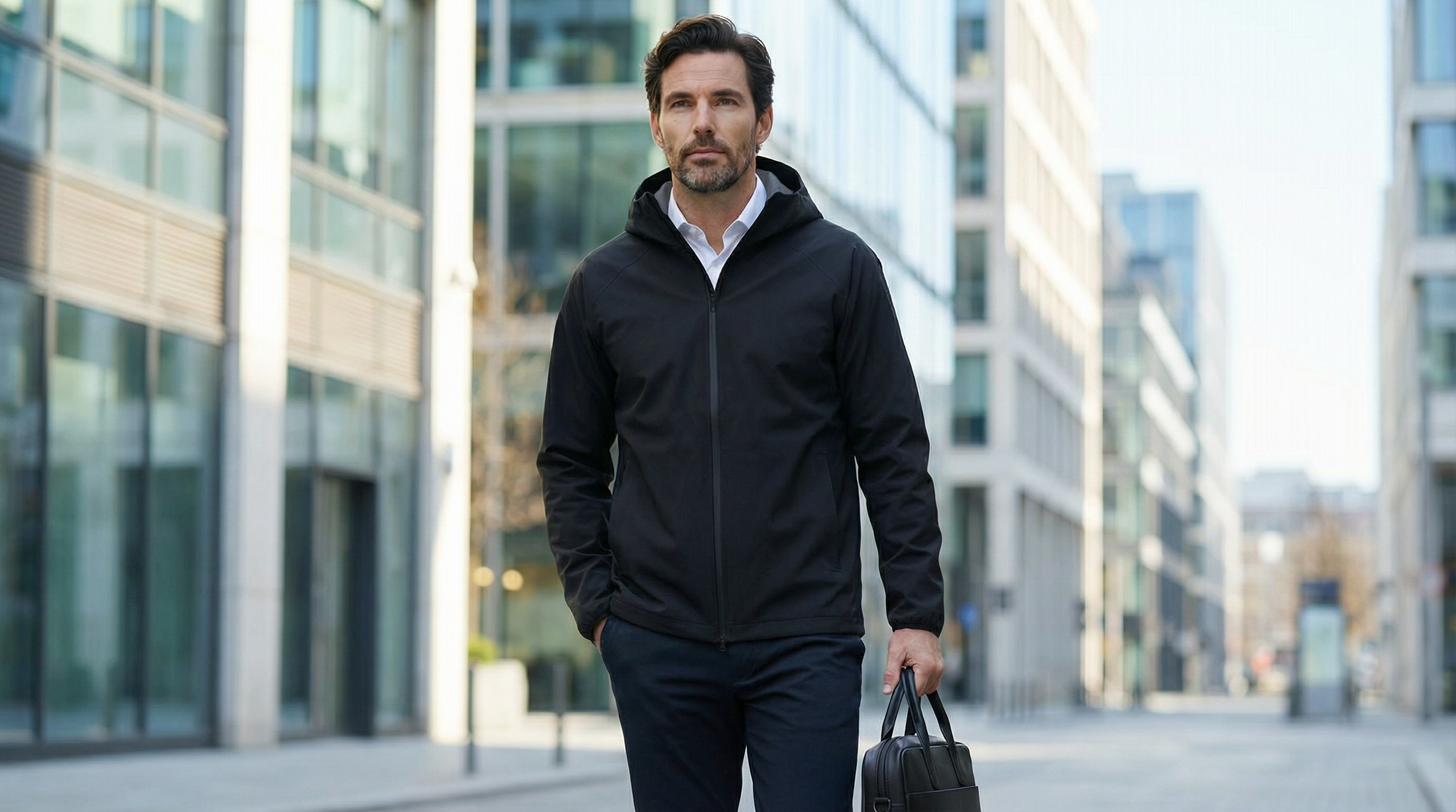 Homme portant la veste Ultra Hardshell noir en milieu urbain, coupe élégante et technique adaptée au quotidien.