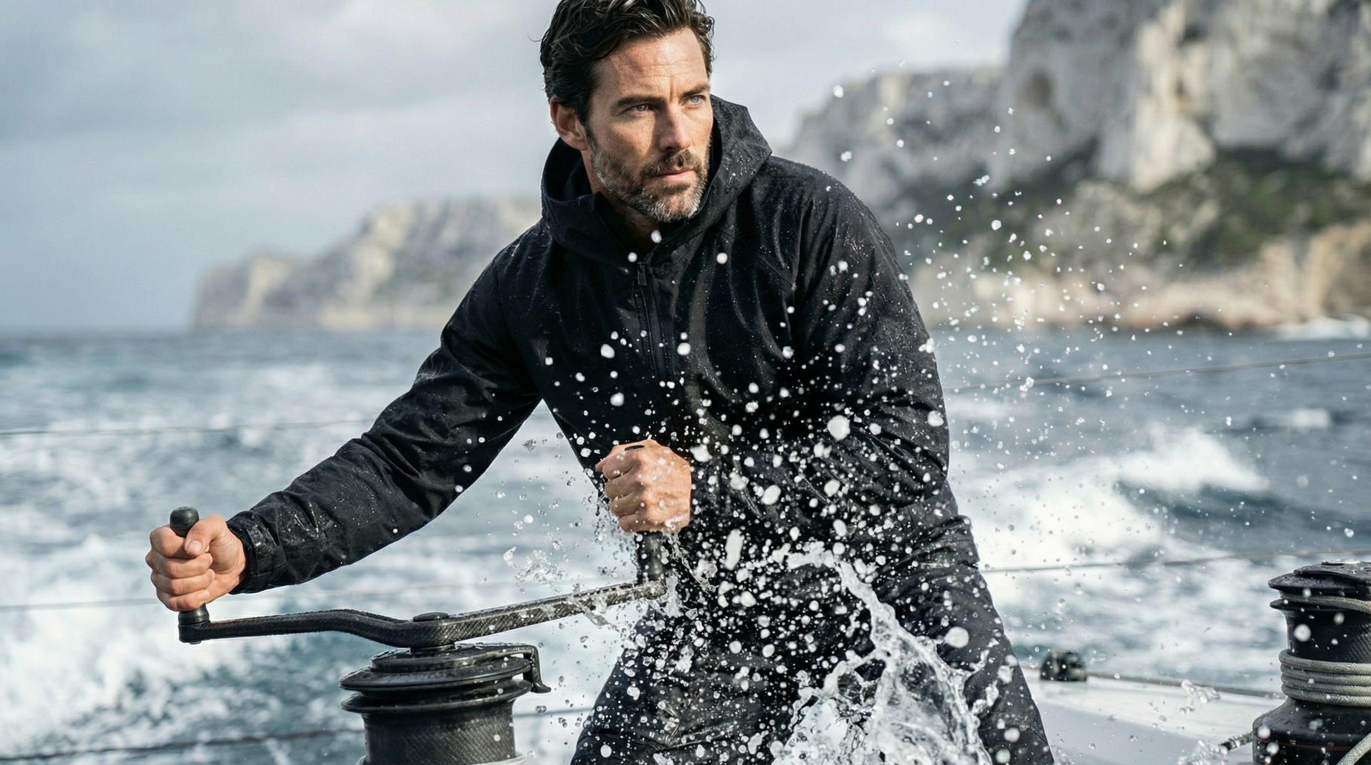 Homme portant la veste Ultra Hardshell noir en mer, recevant des éclaboussures d’eau sur un bateau.
