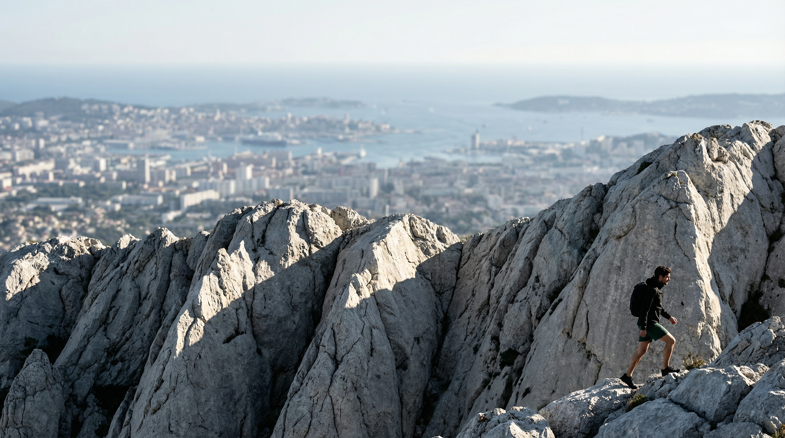 Homme en veste Ultra Hardshell noir marchant sur des rochers en bord de mer avec vue sur la ville.