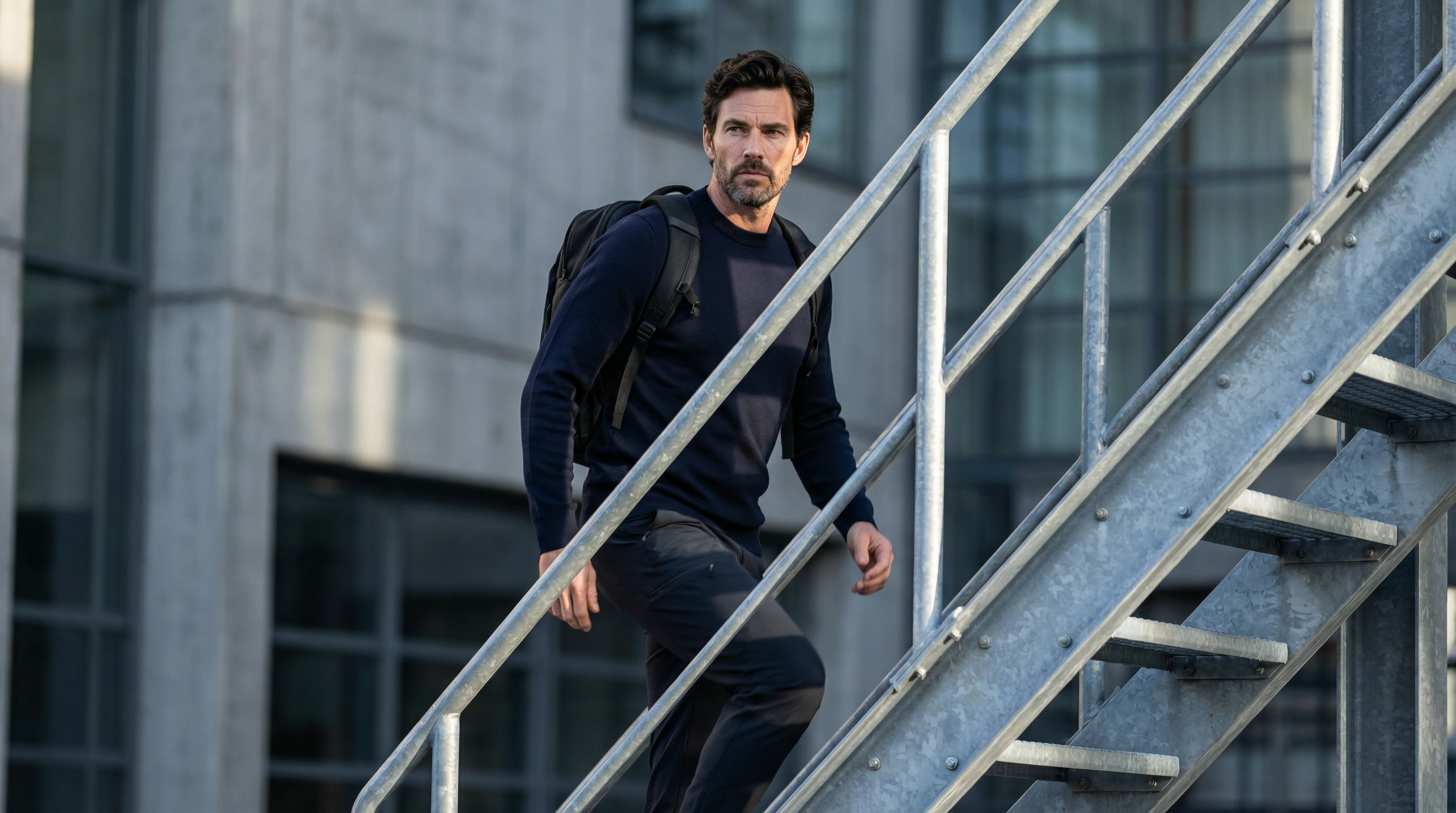 Pullover Ultra Merino en laine mérinos bleu chic porté par un homme en mouvement en environnement urbain.