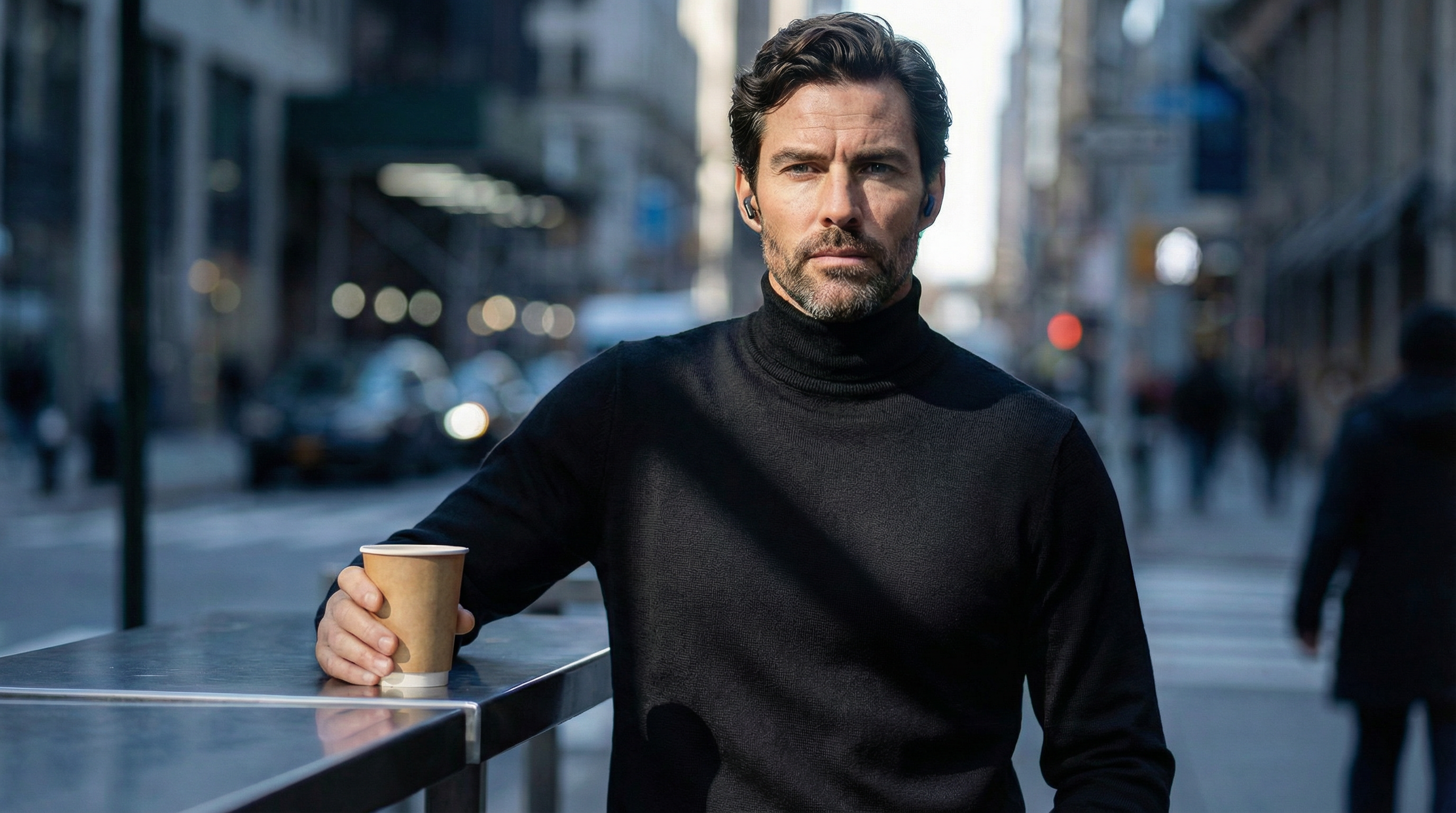 Col roulé Ultra Merino en laine mérinos noir porté par un homme en ville.