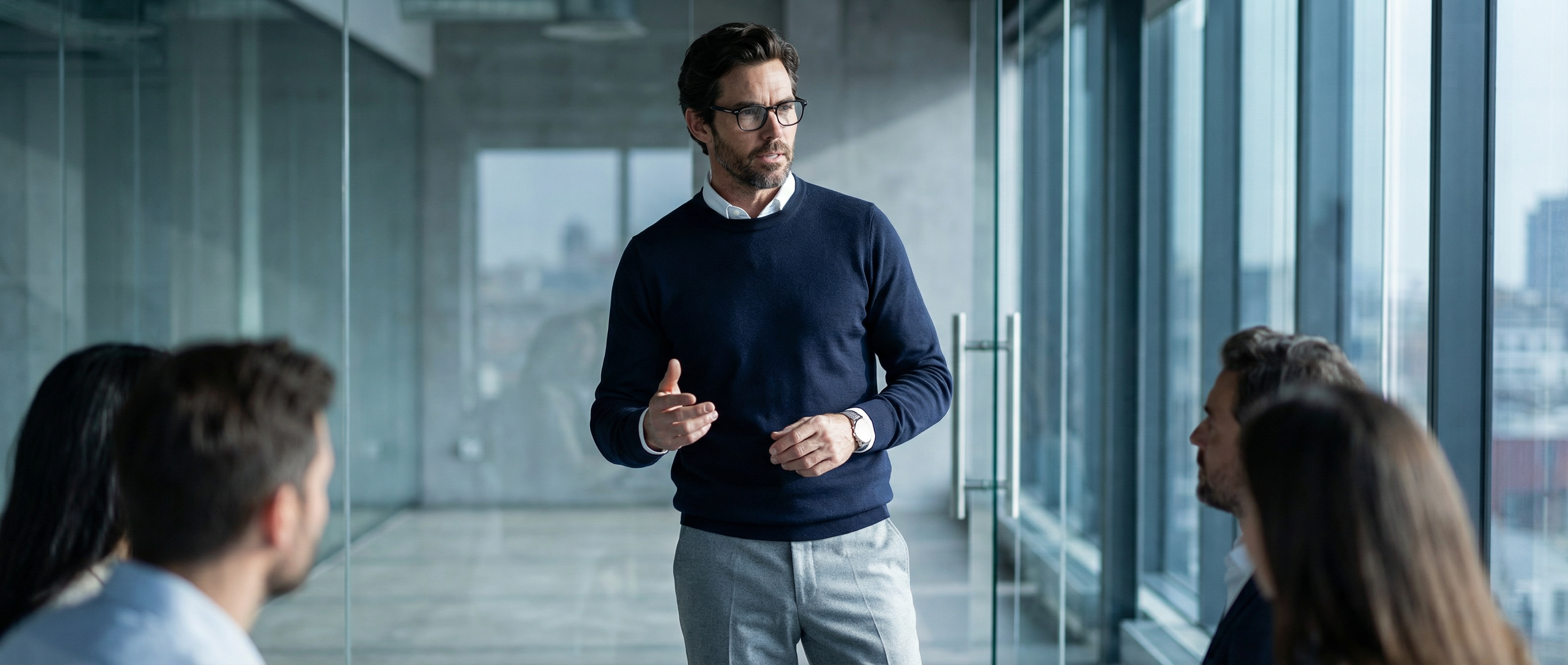 Pullover Ultra Merino en laine mérinos bleu chic porté par un homme en réunion.