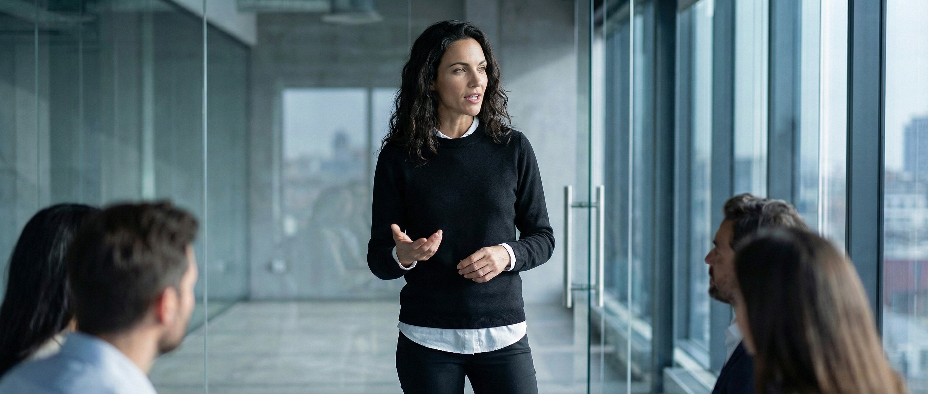 Pullover Ultra Merino en laine mérinos noir porté par une femme en réunion.