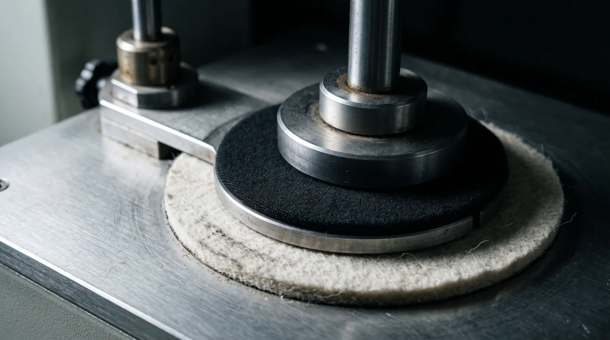 Martindale test machine in a bright textile lab, four rubbing heads on jersey samples