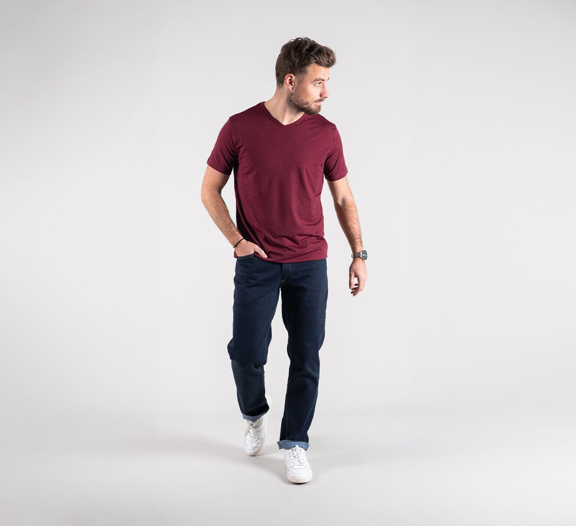 ACTION MERINO V-NECK TEE Bordeaux