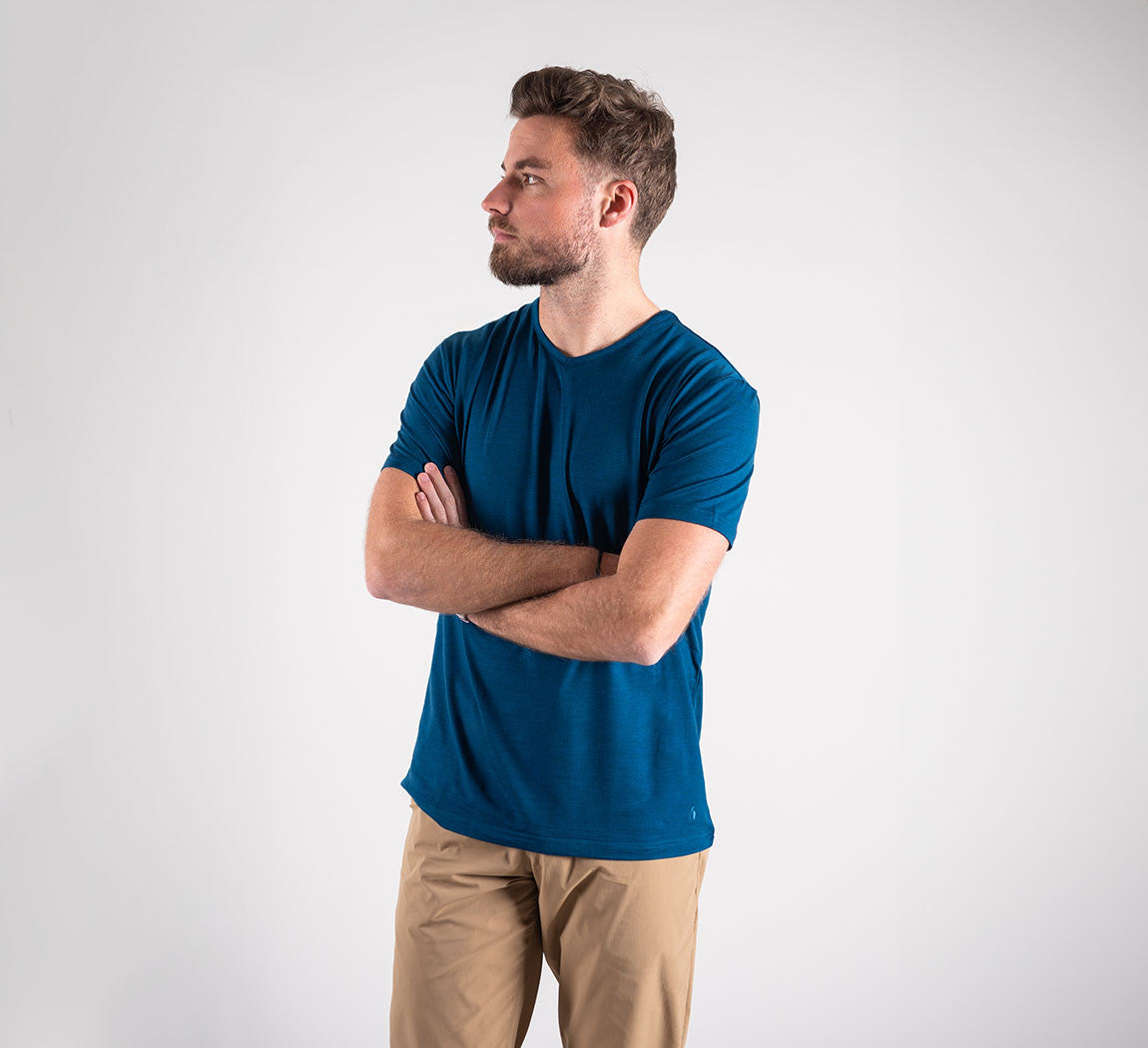 ACTION MERINO V-NECK TEE Bleu Canard