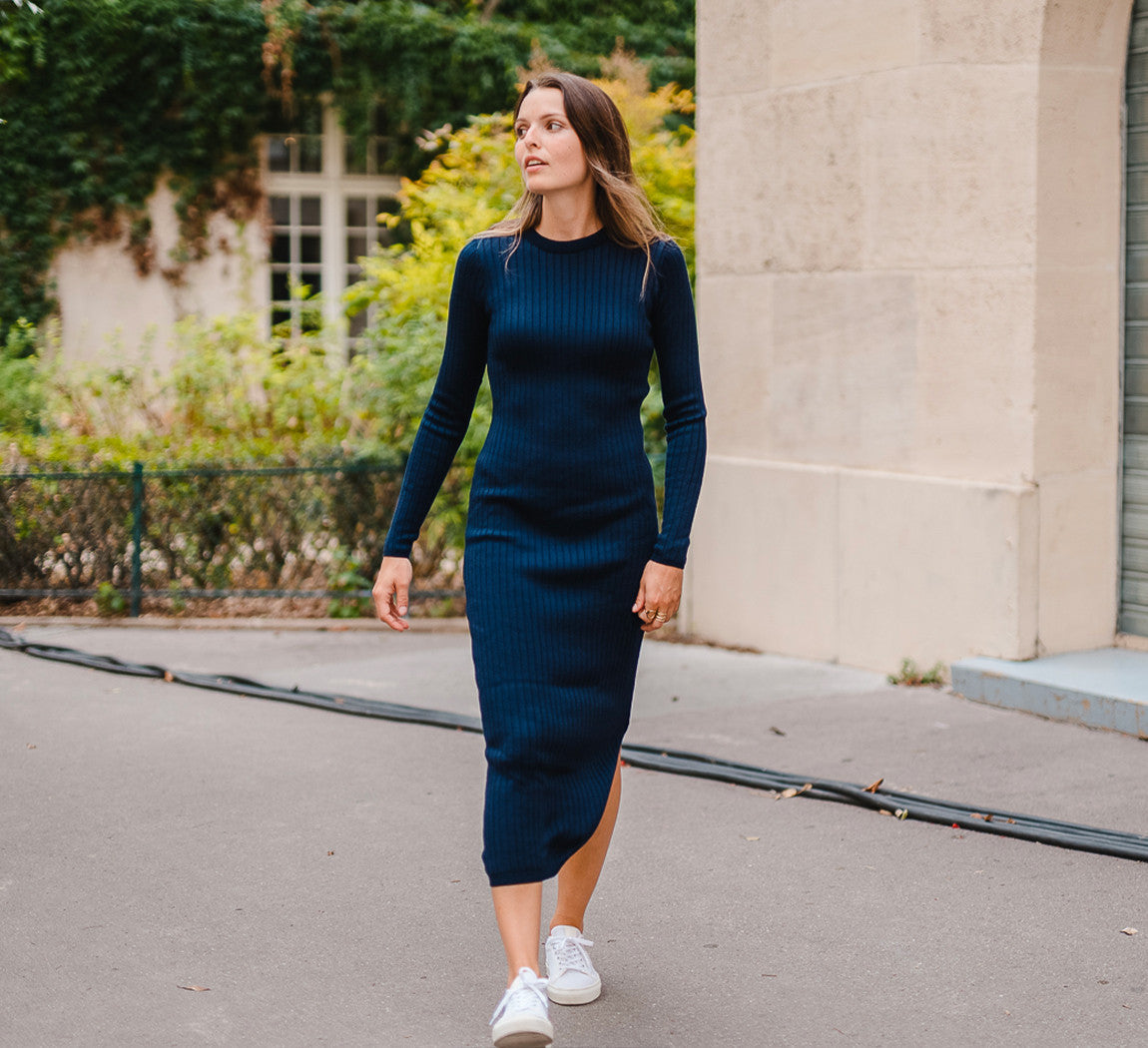 MERINO RIB DRESS Bleu Chic