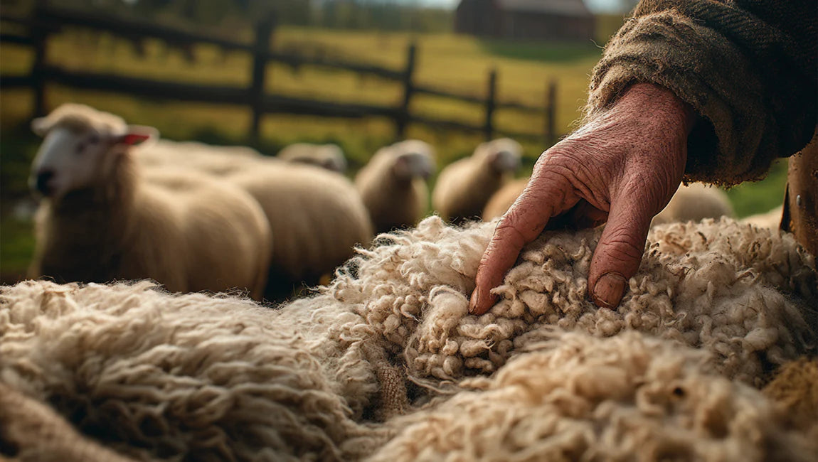 Gros plan sur la toison d’un mouton avec un éleveur dans un environnement rural.