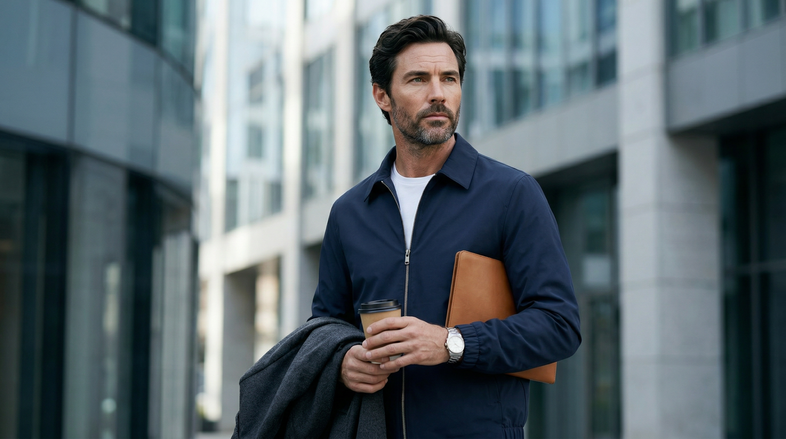 Silhouette masculine en veste bleu nuit zippée dans une rue de bureaux contemporains.