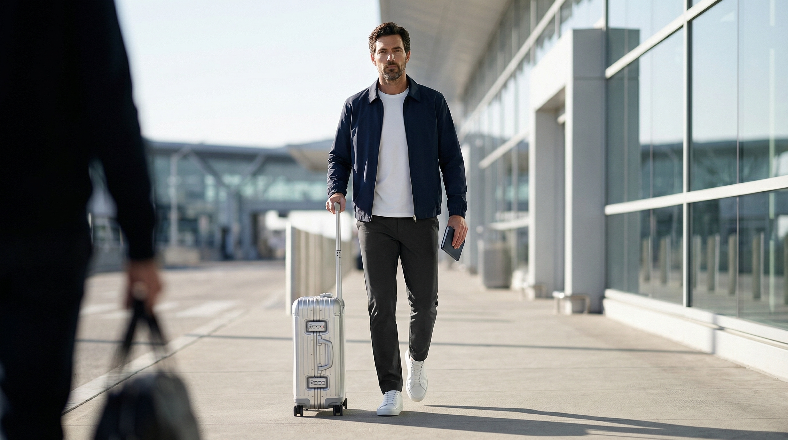 Silhouette masculine élégante en veste bleu nuit à l’aéroport avec bagage à roulettes.