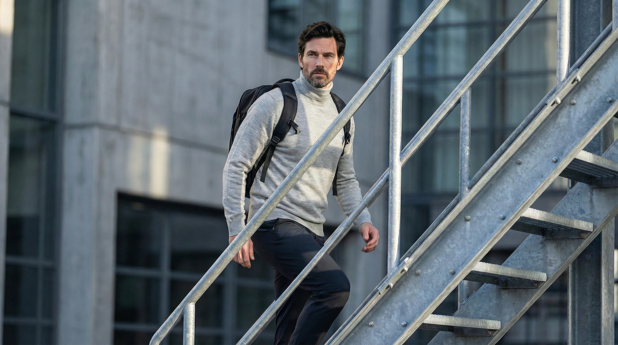 Col roulé Ultra Merino en laine mérinos gris clair porté par un homme en environnement urbain.