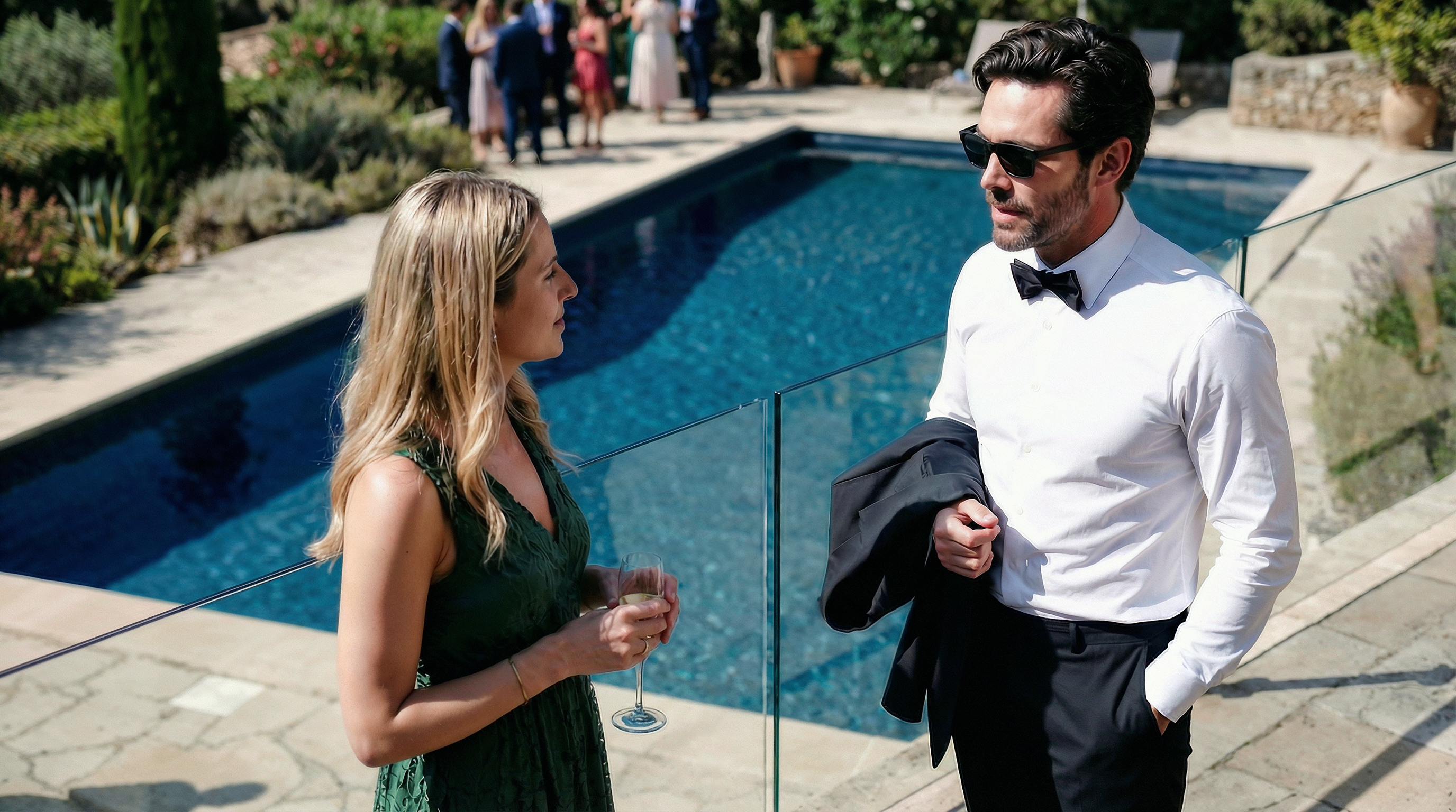 Homme portant une chemise blanche stretch avec nœud papillon lors d’une réception en plein air.