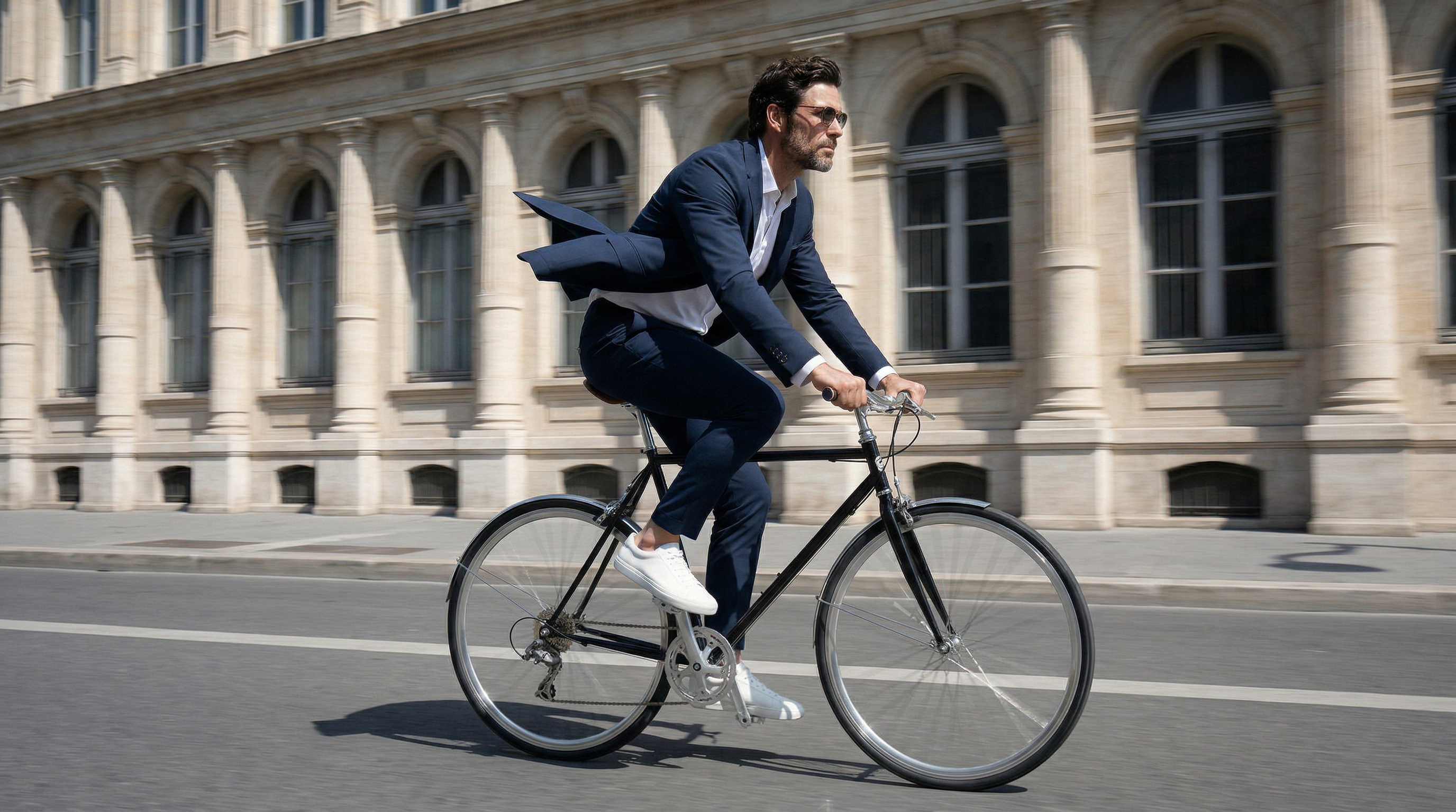 Chino technique bleu marine porté en mobilité urbaine à vélo.
