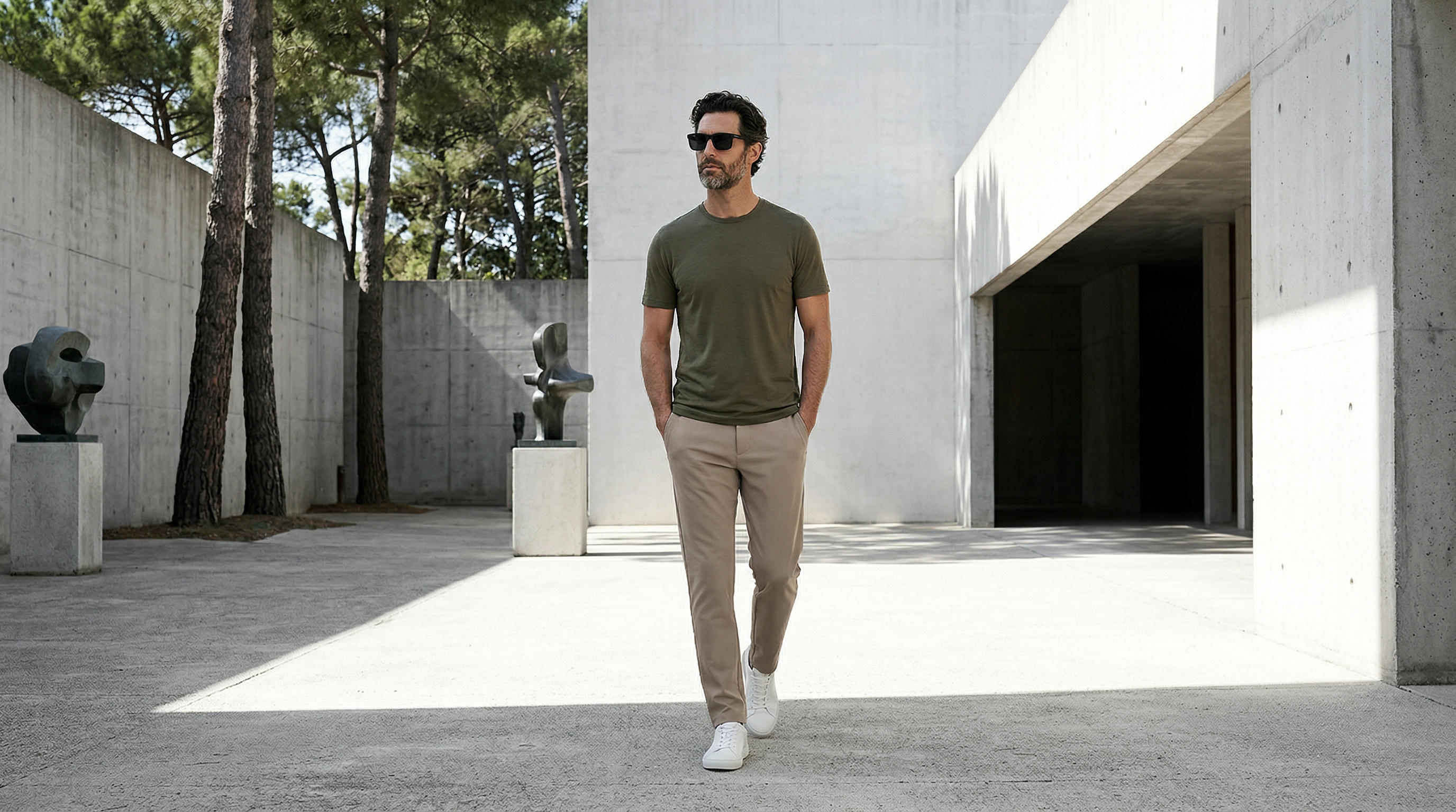 Silhouette masculine en t-shirt kaki et pantalon chino beige marchant dans un décor architectural minimaliste.