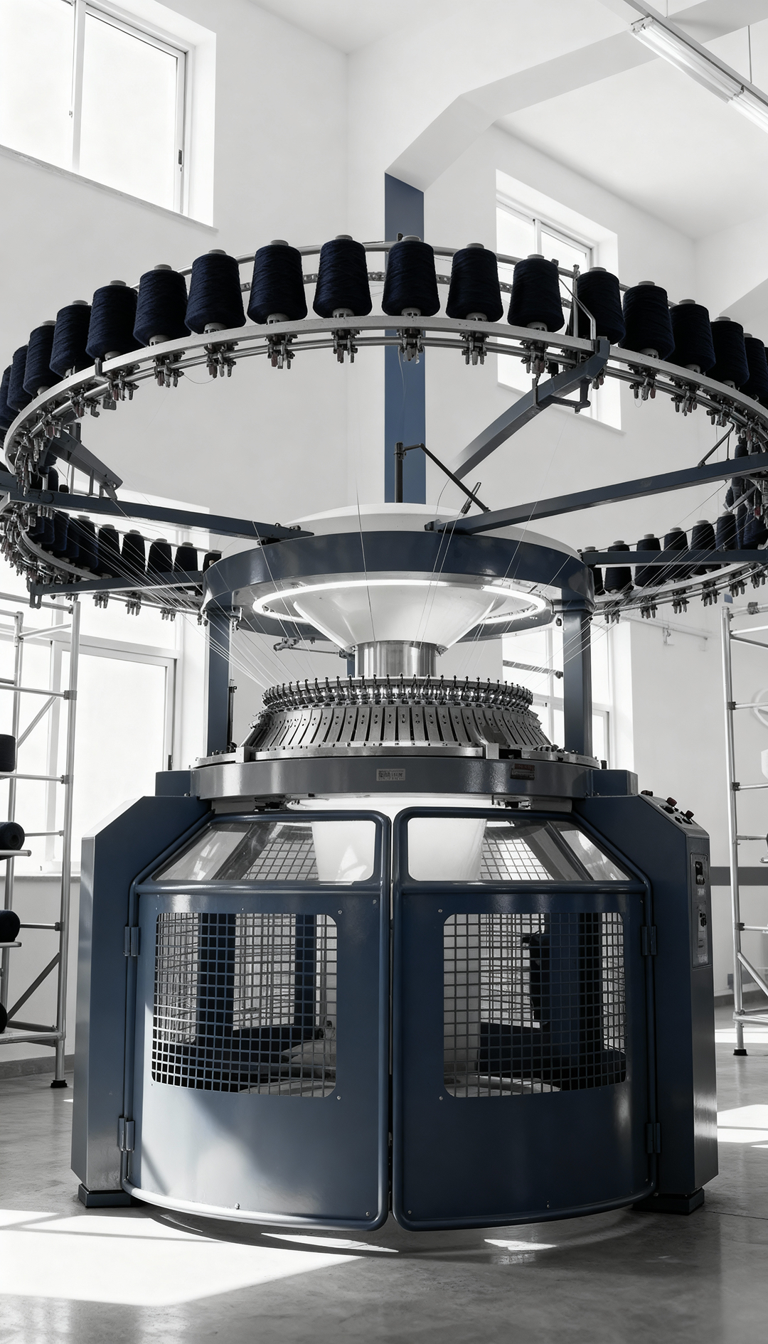 Machine de tricotage circulaire produisant un textile technique bleu marine.