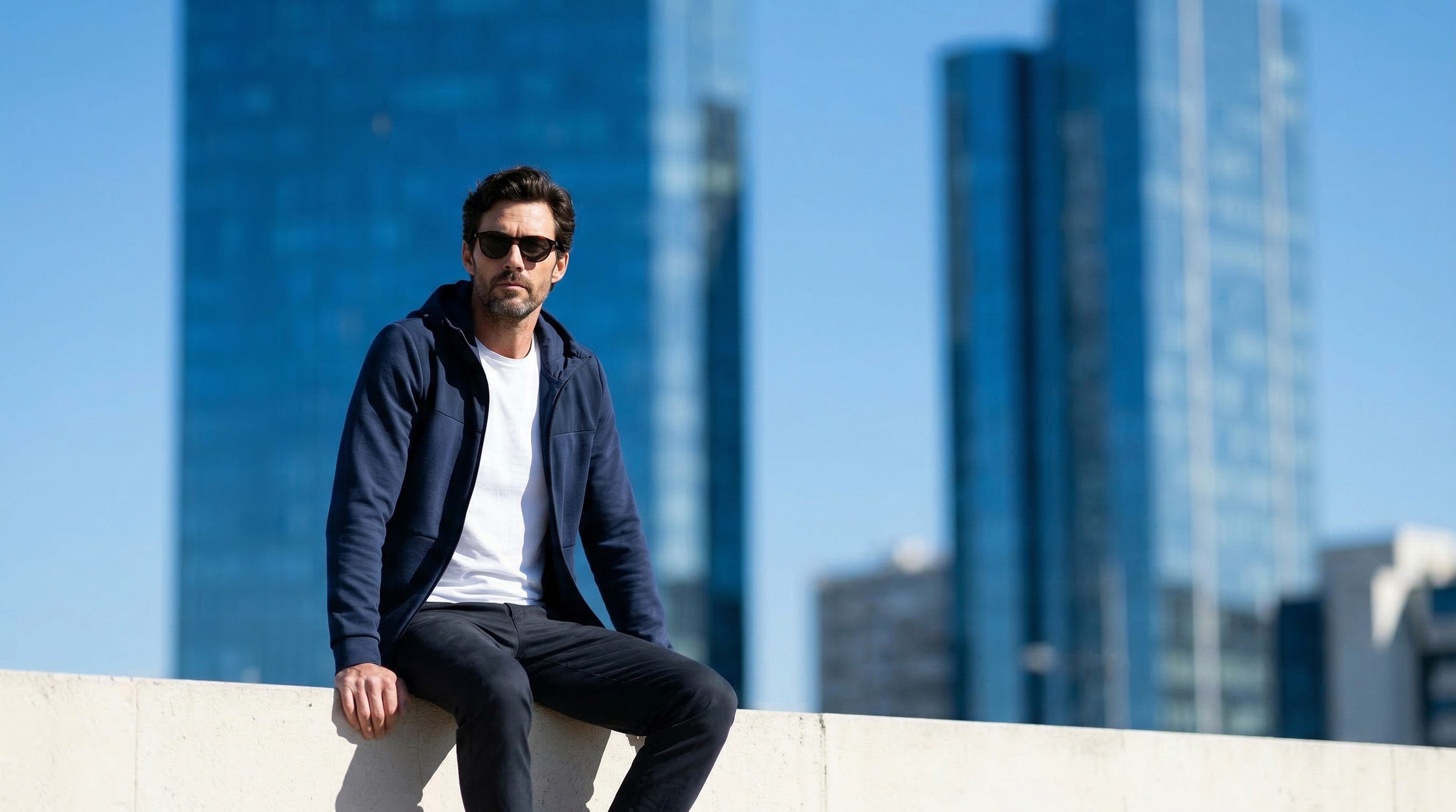 Homme assis en hoodie bleu marine et t-shirt blanc, avec skyline moderne en arrière-plan.