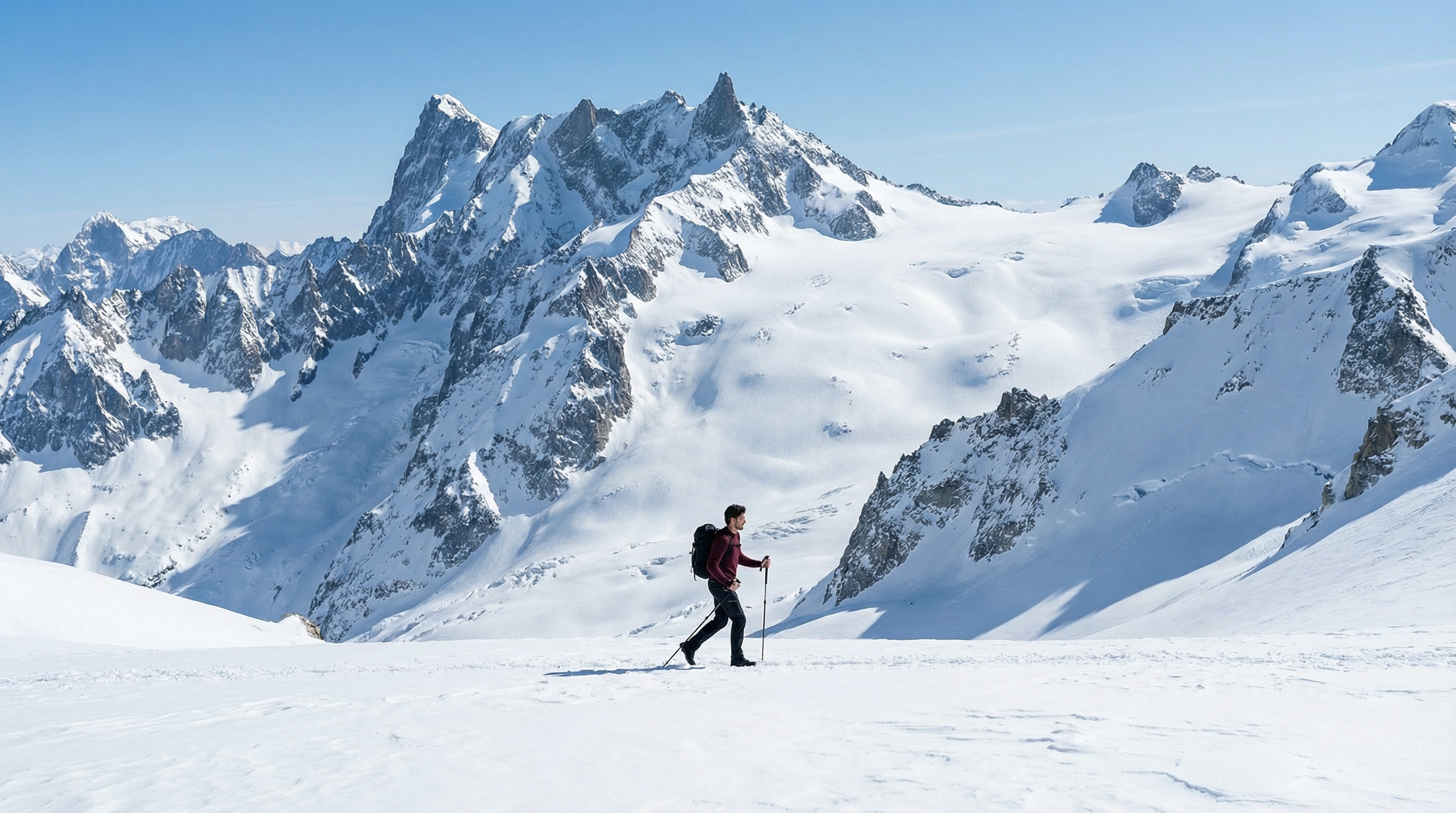 Pullover Ultra Merino en laine mérinos bordeaux porté par un homme en randonnée en montagne.