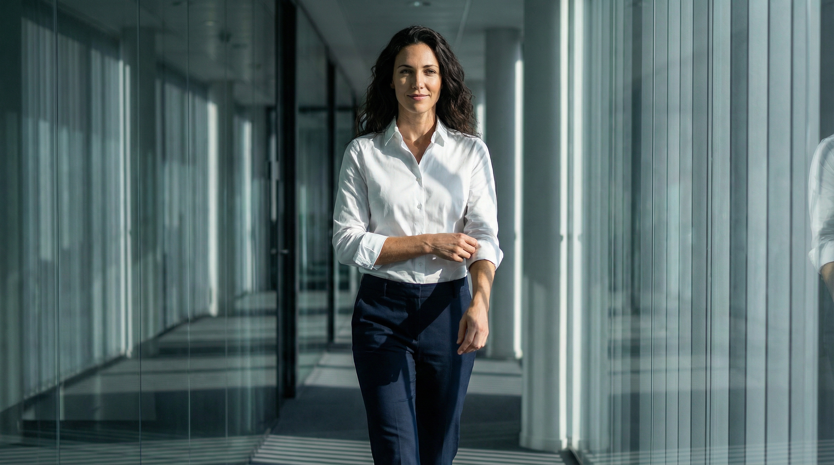 Femme portant une chemise blanche stretch avec manches retroussées dans un couloir de bureau contemporain.