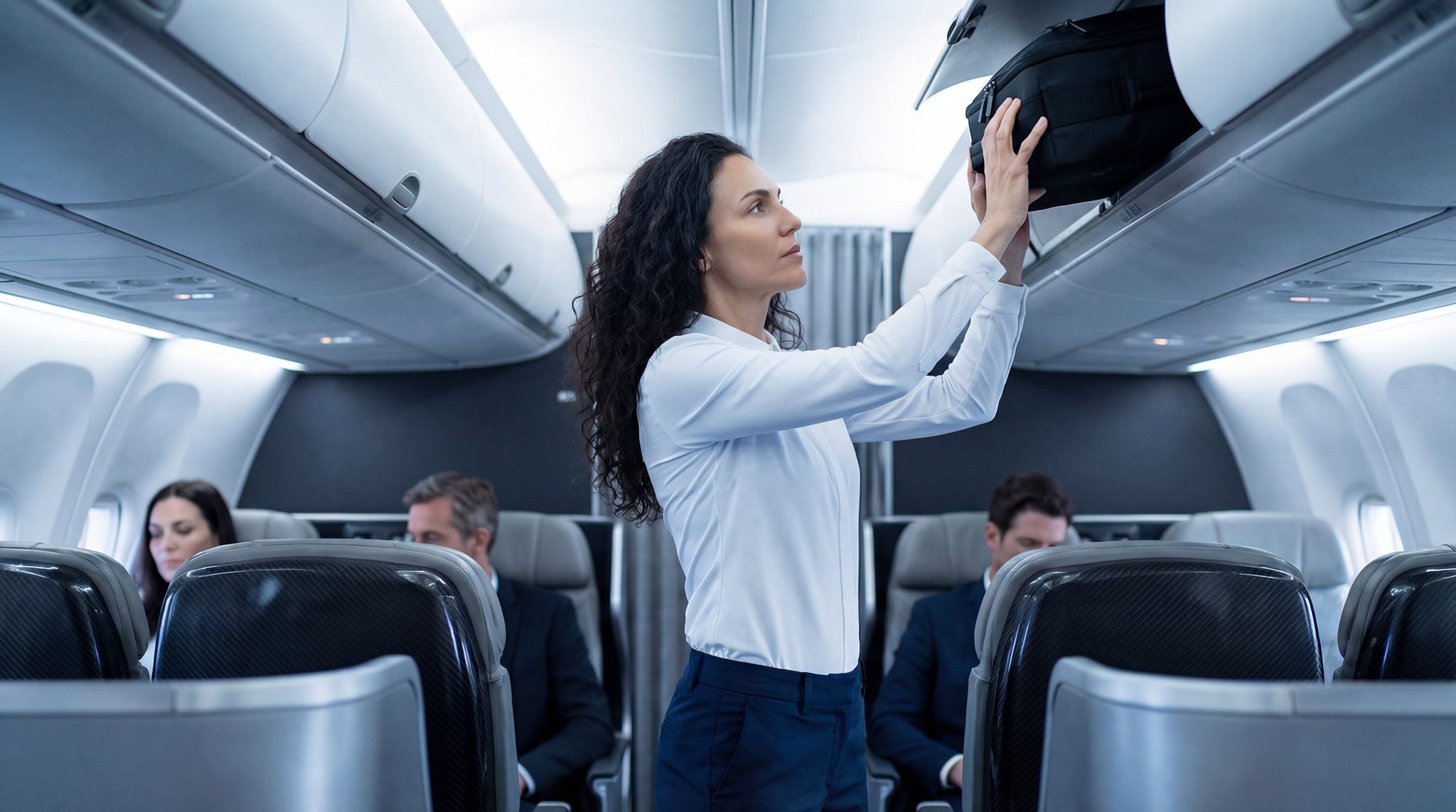 Femme portant une chemise blanche stretch dans un avion, adaptée aux déplacements professionnels.