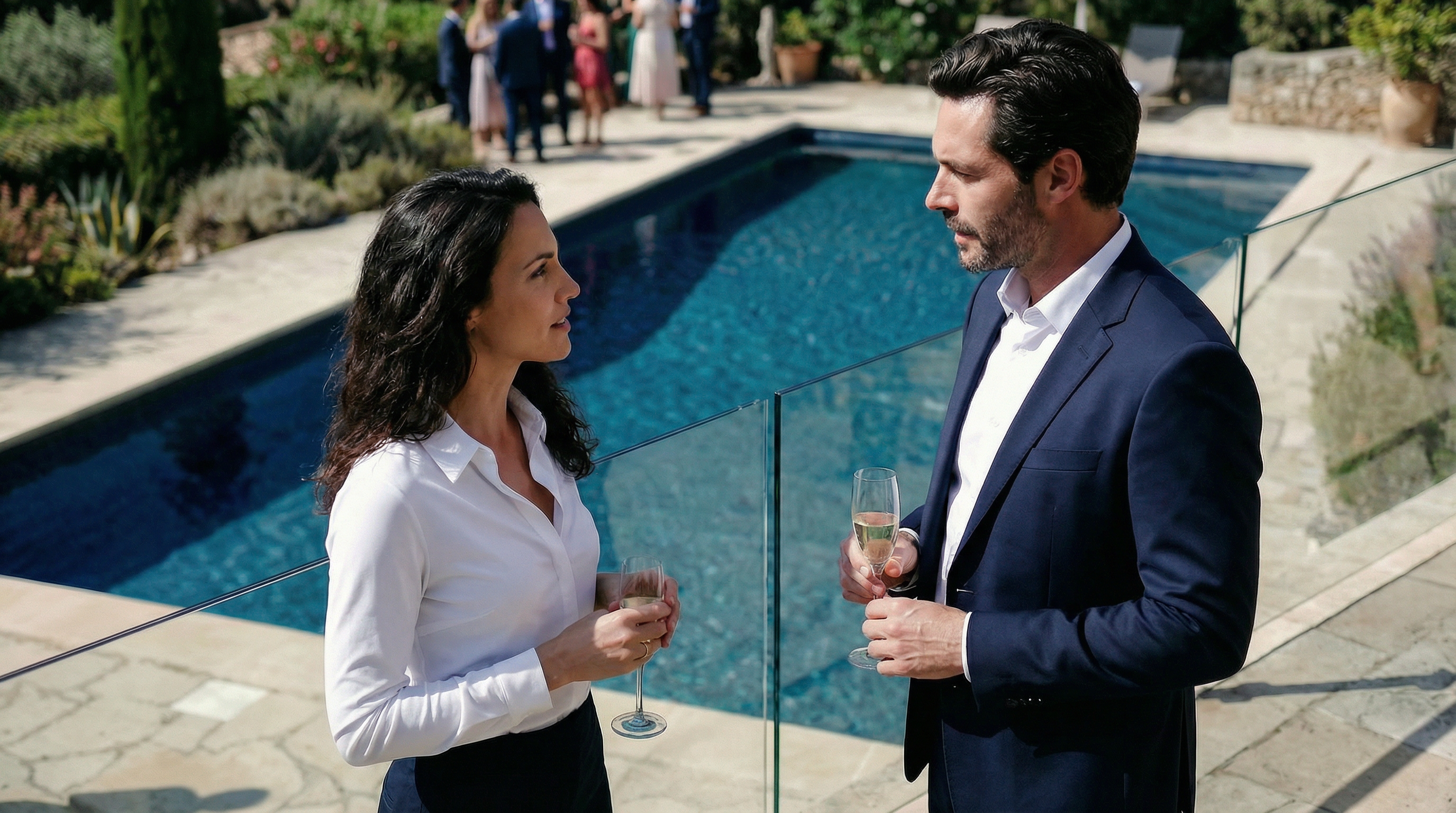 Femme portant une chemise blanche stretch lors d’un événement au bord d’une piscine.