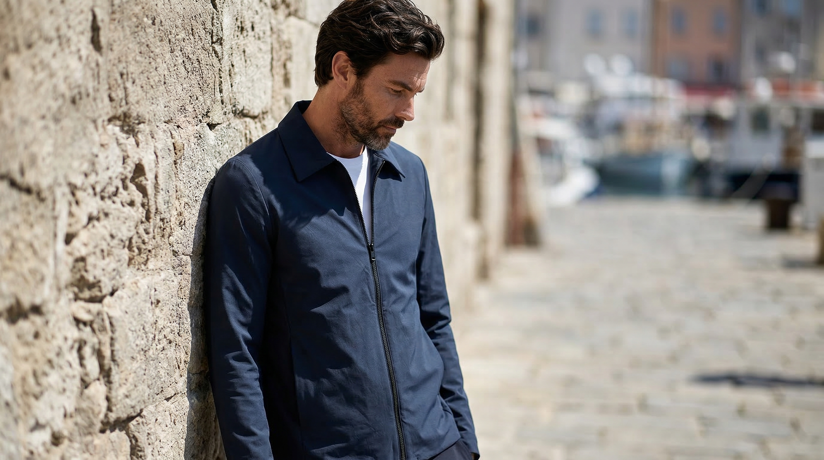 Homme appuyé contre un mur en pierre avec veste zippée bleu marine et t-shirt blanc.