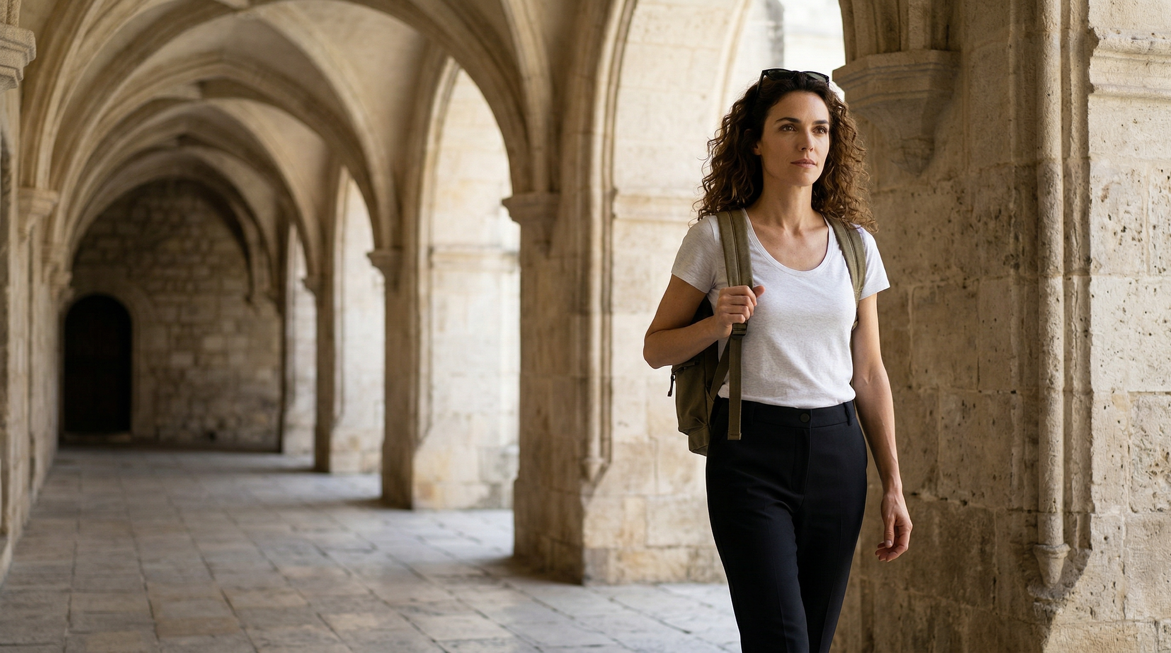 Femme portant un t-shirt blanc col rond et un pantalon sombre marchant dans un cloître en pierre.