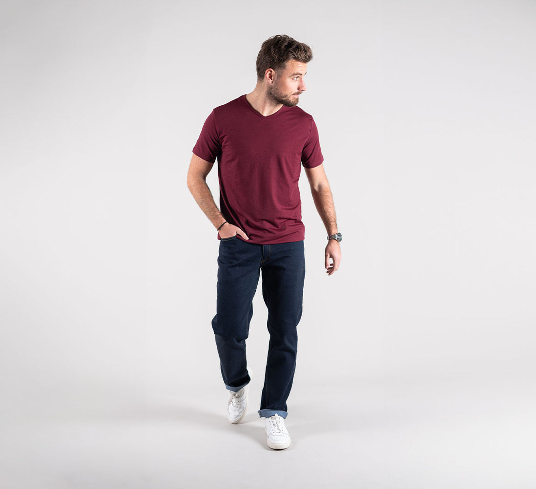 ACTION MERINO V-NECK TEE Bordeaux 