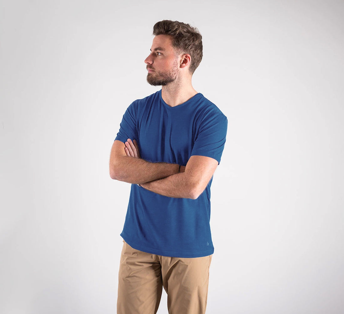 ACTION MERINO V-NECK TEE Bleu Ocean 