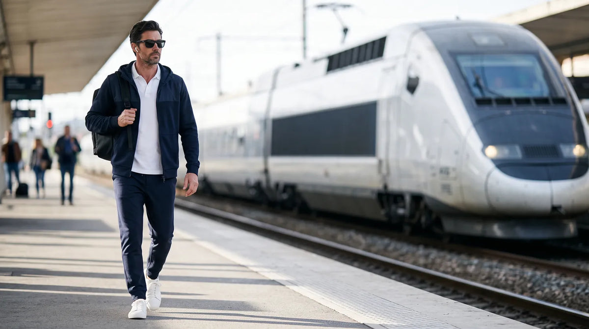 360 Merino Hoodie porté sur un quai de gare, le matin