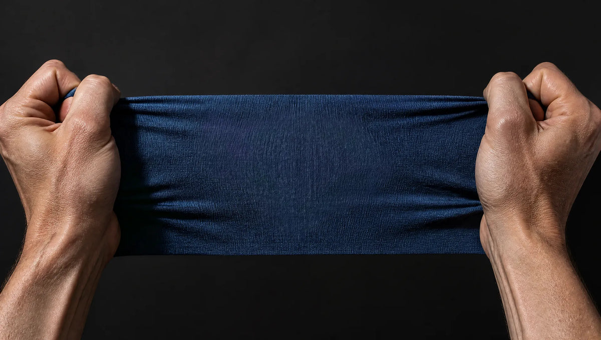 Two hands pulling a piece of blue Performance Merino jersey from each side
