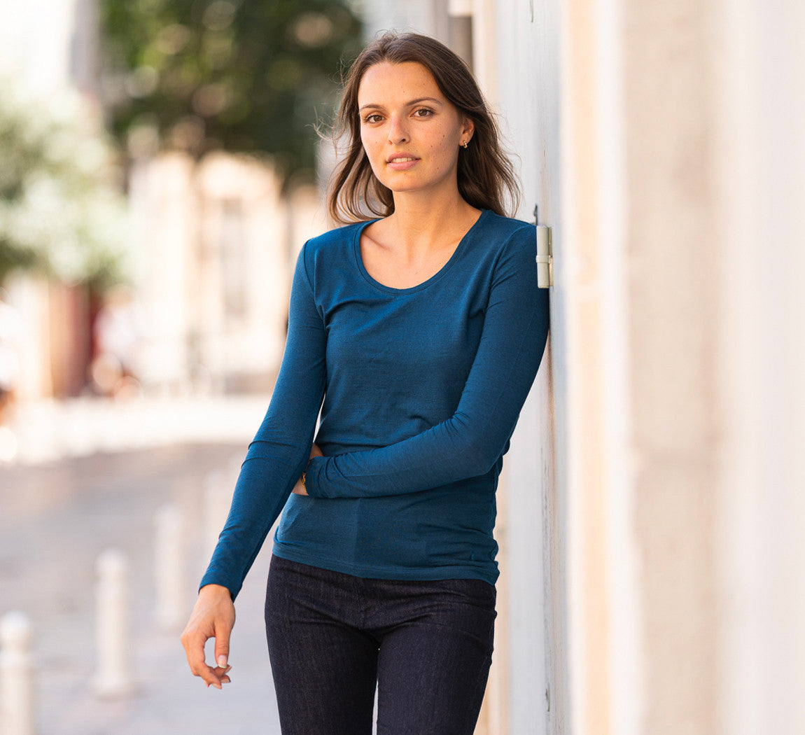 WOMAN MERINO LONG SLEEVES T-SHIRT Bleu Canard 